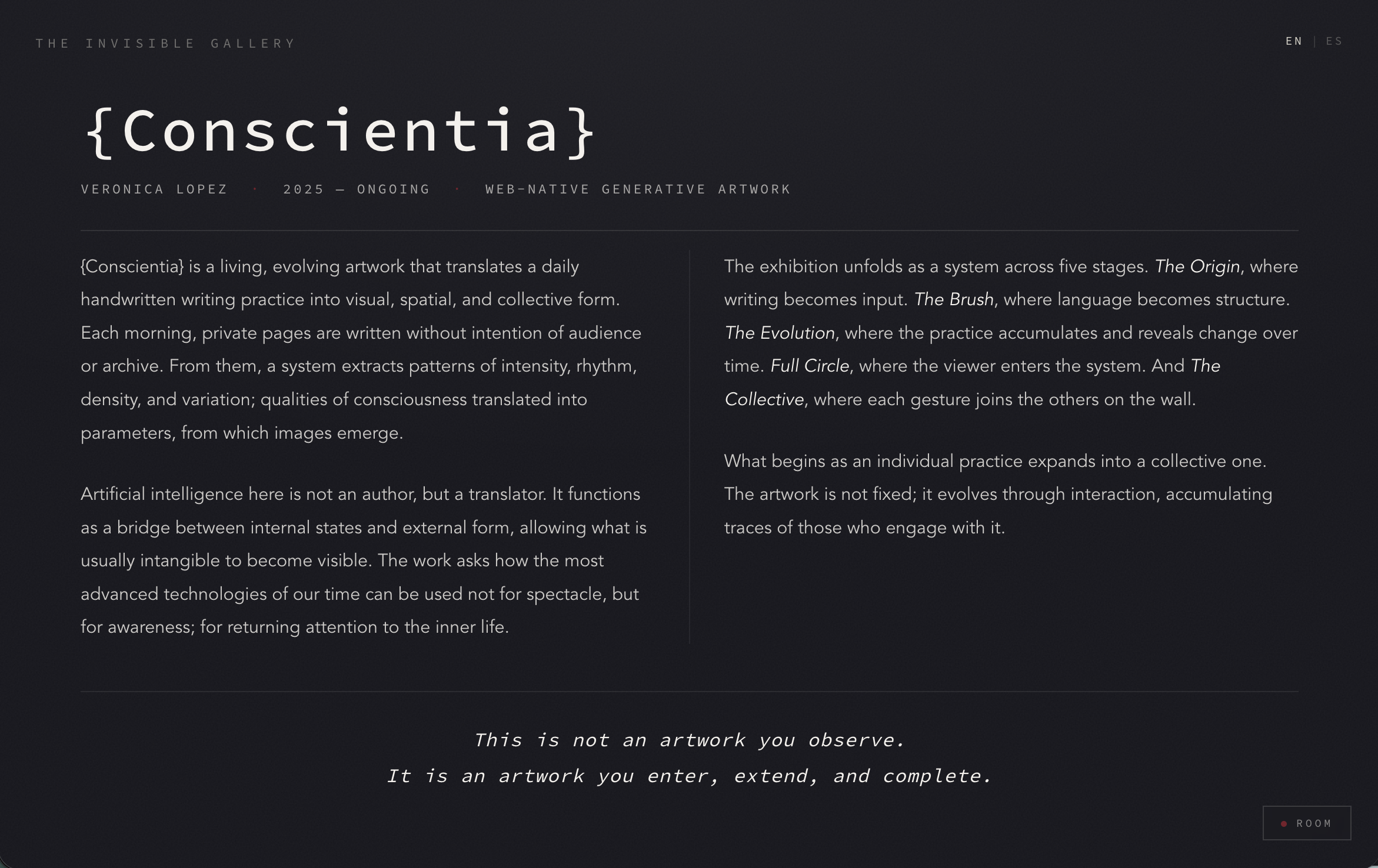 Screenshot of theinvisiblegallery.art/exhibition — the inaugural Conscientia exhibition