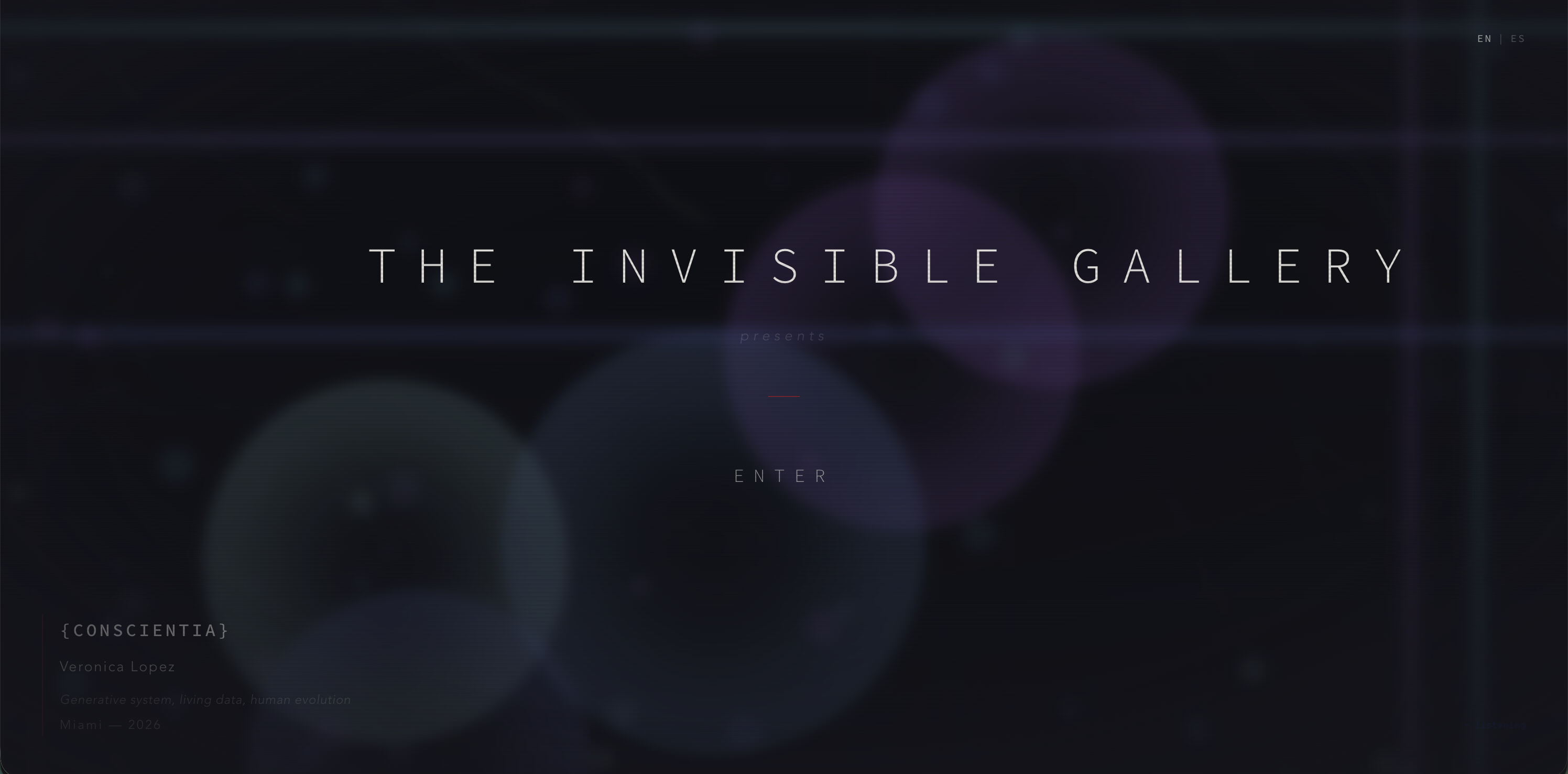 Screenshot of theinvisiblegallery.art — the web-native exhibition environment for Conscientia