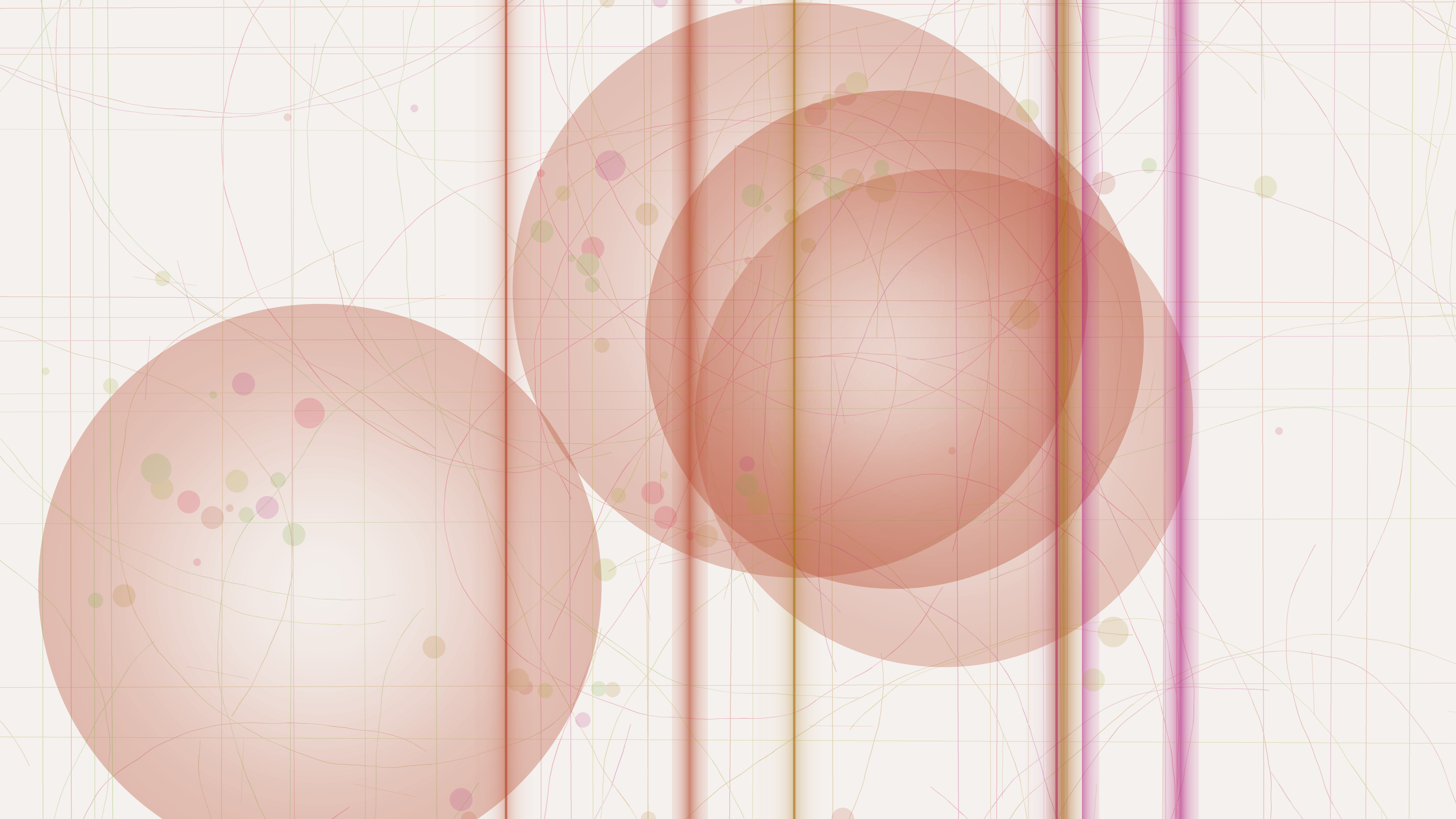 The {Conscientia} image from February 1, 2026 printed on the Full Circle canvas: overlapping rose-colored spheres crossed by vertical lines