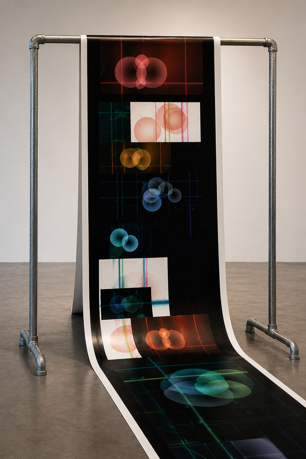 Six-meter vinyl print of {Conscientia} images hanging from a metal frame and extending across the floor