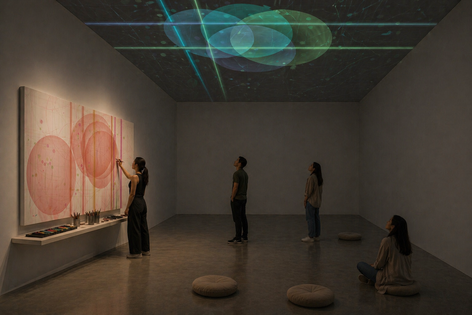 Installation study for Full Circle: {Conscientia} images projected across the ceiling of a dim room, a printed canvas on the wall with a shelf of pastels, one visitor marking the canvas while others stand or sit on floor cushions looking up