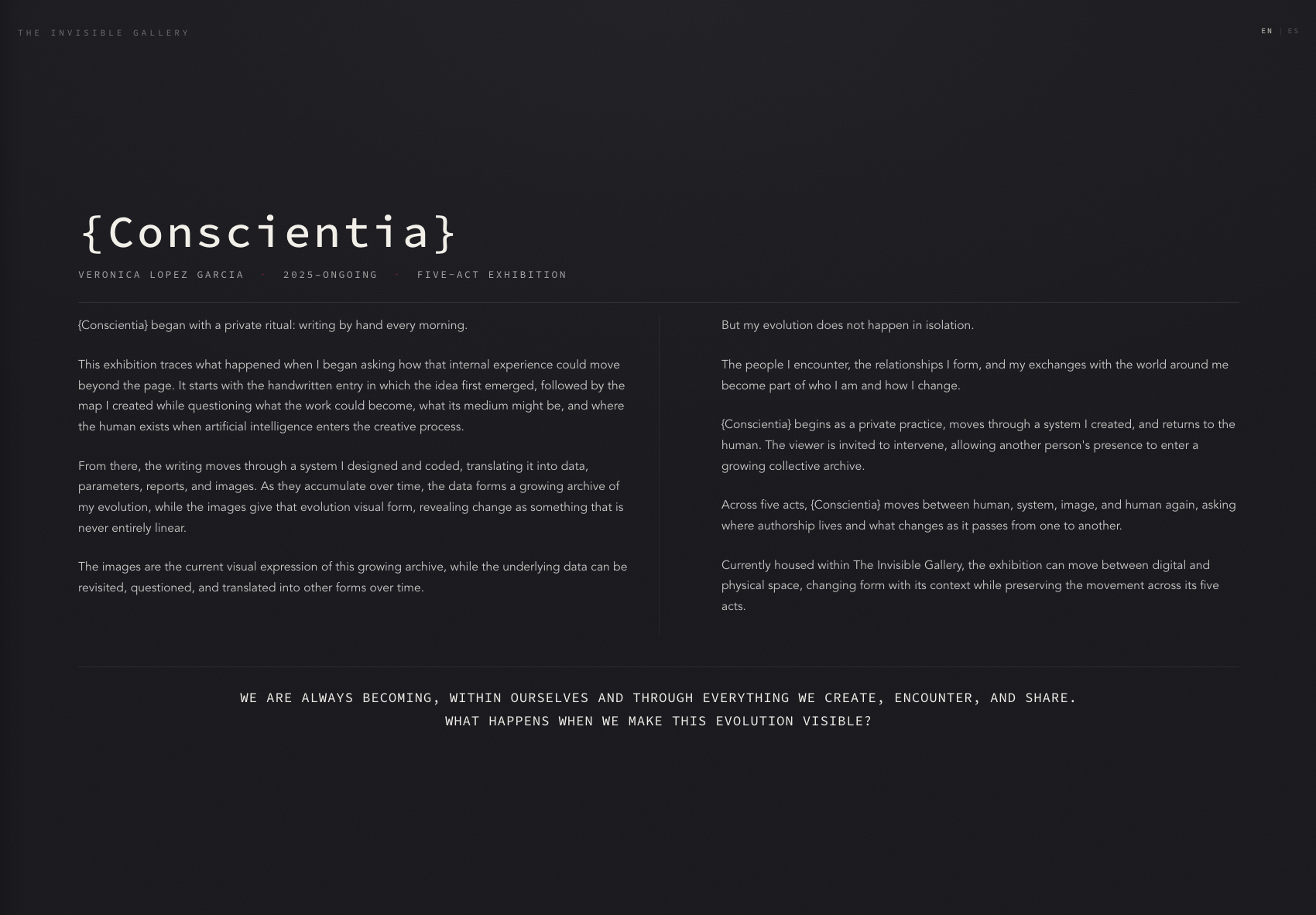 Screenshot of the {Conscientia} online experience at theinvisiblegallery.art/exhibition